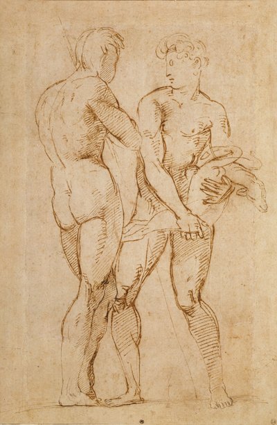 立っている2人の裸の男性、1人は子羊を保持 作： Raffaello Sanzio Raphael